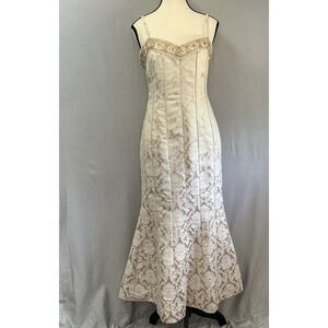Zigi Y2K 70's Brocade Gown Dress L Cream Beaded Pearl Mermaid Sybil Baroque Prom